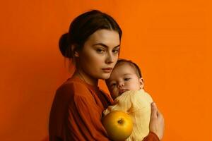 a woman holding a baby in front of an orange background photo