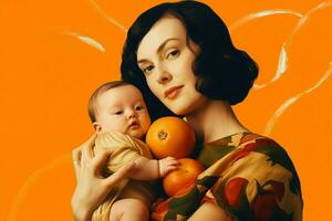 a woman holding a baby in front of an orange background photo