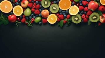 ai generado, un imagen marco hecho arriba de frutas con negro antecedentes , minimalismo, vibrante color, foto