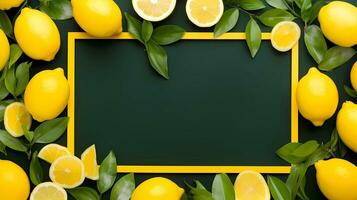 AI generated, photo frame made of lemons on all sides, minimalism, black background, matte background, yellow vibrant color