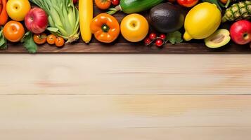 AI generated, a picture frame made up of fruits and vegetables with blank space for text, minimalism, wood texture background photo