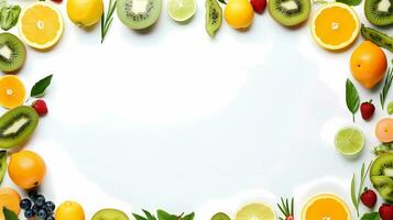 AI image generated of a picture frame made up of fruits and vegetables, minimalism, white background, vibrant color. photo