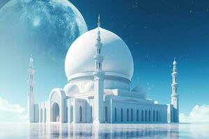 a white mosque with a blue dome and a planet in t photo