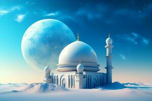 a white mosque with a blue dome and a planet in t photo