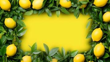 ai generado, un imagen marco hecho arriba de limones, minimalismo con suave amarillo fondo, mate fondo, vibrante color. foto