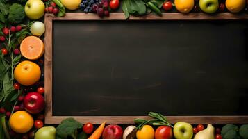 AI image generated of a picture frame made up of fruits and vegetables with space for text, minimalism, wood texture background, soft matte background. photo