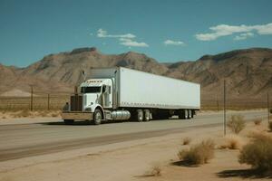 a white semi truck with a white trailer on the si photo