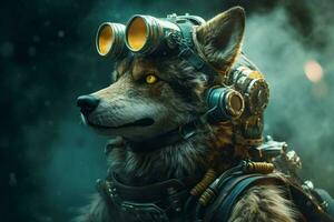 un lobo con un casco y gafas de protección foto