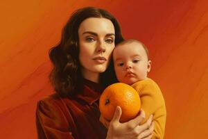 a woman holding a baby in front of an orange back photo