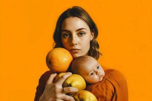 a woman holding a baby in front of an orange back photo