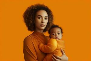 a woman holding a baby in front of an orange back photo