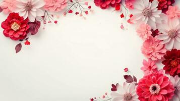 AI generated, red and pink flowers in a circle on a white textured surface, watercolor style, minimalist backgrounds. photo