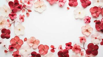 AI generated, red and pink flowers in a circle on a white textured surface, watercolor style, minimalist backgrounds. photo