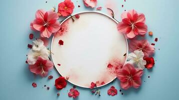 AI generated, red and pink flowers in a circle on a blue surface with blank space for text in the center, in the style of marble, minimalist backgrounds. photo