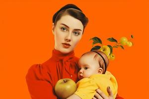 a woman holding a baby in front of an orange back photo