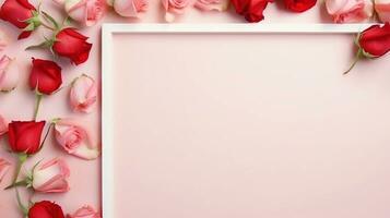 AI generated, a picture frame made up of red roses flowers on soft pink background, top view with space for text on the center, minimalism. photo