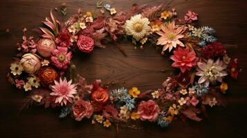 AI generated, wreath of colorful flowers on a wooden table, in the style of detailed nature depictions, naturalist aesthetic patterns. photo