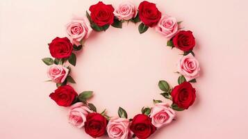 AI generated, a circle frame made up of red roses flowers on soft pink background, top view with space for text on the center, minimalism. photo