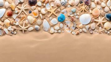 AI generated, patterns of sea shells, beach stones, coral reefs, colorful seaweed on the beach sand as a background, top view with blank space for text, minimalism. photo