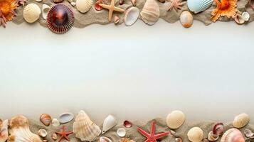 AI generated, patterns of sea shells, beach stones, coral reefs, colorful seaweed on the beach sand as a background, top view with space for text, minimalism style. photo