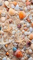 AI generated, vertical background patterns of sea shells, beach stones, coral reefs, colorful seaweed on the beach sand as a background, top view. photo