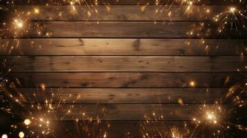 AI generated, Frame made of lights bokeh flares and sparkler isolated on rustic brown wooden wood table texture, top view with space for text. photo