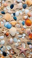 AI generated, vertical background patterns of sea shells, beach stones, coral reefs, colorful seaweed on the beach sand as a background, top view. photo