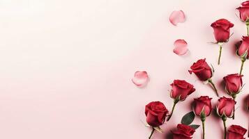 Red roses flowers pattern on soft pink background, AI generated, top view with space for text, minimalism. photo