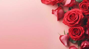 Red roses flowers pattern on soft pink background, AI generated, top view with space for text, minimalism. photo