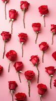 AI generated, Top view of a vertical background red roses flowers pattern on soft pink background photo