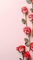 AI generated, Vertical background red roses flowers pattern on soft pink background, top view with space for text. photo