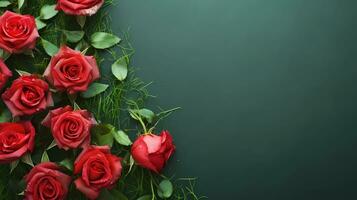 Red roses flowers on soft green grass background, AI generated, top view with space for text, minimalism style. photo