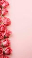 AI generated, Vertical background red roses flowers pattern on soft pink background, top view with space for text. photo