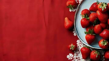 Red strawberries on a table with a patterned tablecloth, top view with space for text, AI generated, minimalism. photo