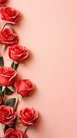 AI generated, Vertical background red roses flowers pattern on soft pink background, top view with space for text. photo