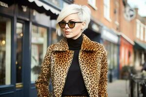 a woman wearing a leopard print leopard print leo photo