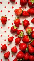 Red strawberries on a table with a patterned tablecloth, top view with space for text, minimalism, AI generated, Vertical form. photo