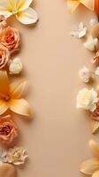 Rose Tulip Sunflower Orchid Lily roses flowers pattern on soft brown background, top view with space for text, minimalism, Vertical Form, AI generated photo