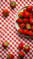 Red strawberries on a table with a patterned tablecloth, top view with space for text, minimalism, AI generated, Vertical form. photo