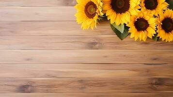 AI generated, Top view of a light brown wood texture with sunflowers around it with space for text, minimalism style. photo