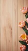 AI generated, Top view of a light brown wood texture with flowers around it with space for text, Vertical form, minimalism style. photo