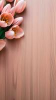 AI generated, Top view of a light brown wood texture with flowers around it with space for text, Vertical form, minimalism style. photo