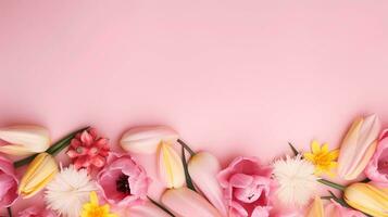 Tulip Sunflower Orchid Lily daisy flowers pattern on soft pink background, top view with space for text, minimalism, AI generated. photo