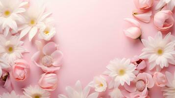 Tulip Sunflower Orchid Lily daisy flowers pattern on soft pink background, top view with space for text, minimalism, AI generated. photo