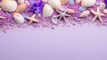 Top view of a patterns of colorful sea shells, beach stones, coral reefs on the light purple beach sand as a background, top view with space for text, AI generated. photo