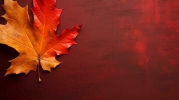 AI generated of a close up photo of a reddish autumn leaf with blank space for text, in the style of vibrant and lively hues, vibrant stage backdrops, northwest school, gold and crimson.