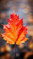 AI generated, a close up photo of a reddish autumn leaf with blank space for text, vertical form, vibrant stage backdrops, gold and crimson.