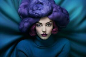 a woman with a blue hair and a purple hat photo