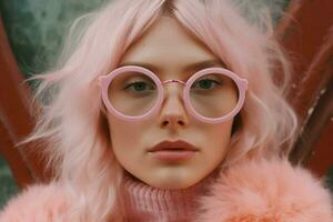 a woman wearing glasses with pink frames photo