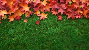 A close up photo of reddish autumn leaves on light green grass background, top view with blank space for text, in the style of vibrant and lively hues, vibrant stage backdrops, AI generated.
